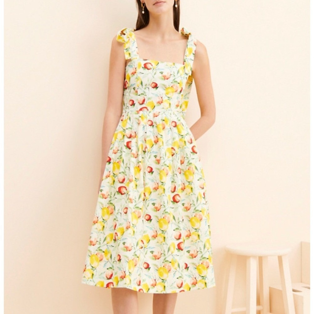 Anthropologie La Fortuna Midi Dress Fruit Print Tie Strap Medium White Lemon 90s